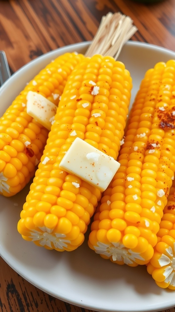 Corn on the Cob Recipe Freshly cooked corn on the cob with butter and salt on a rustic table.